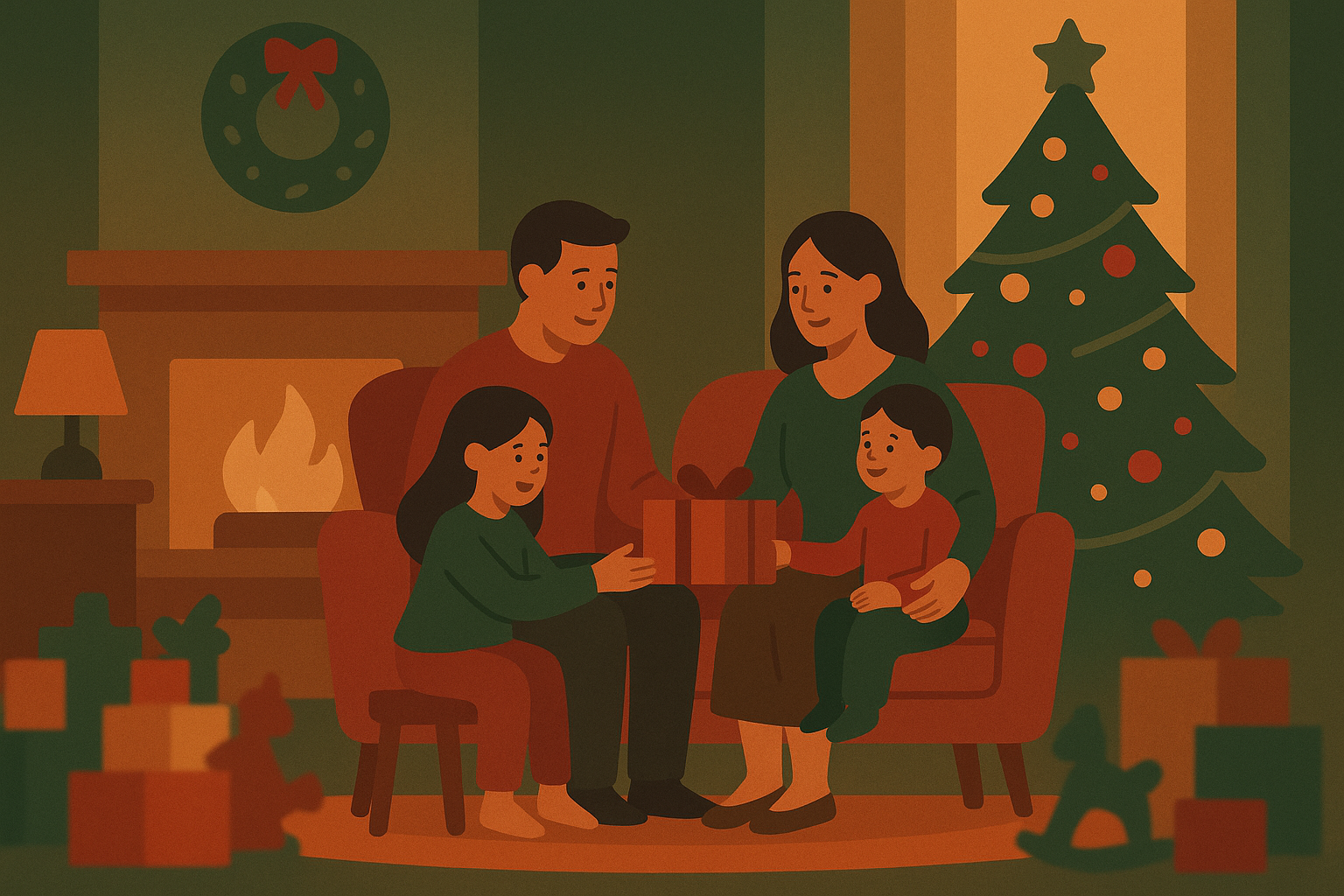 クリスマスの部屋で過ごす家族