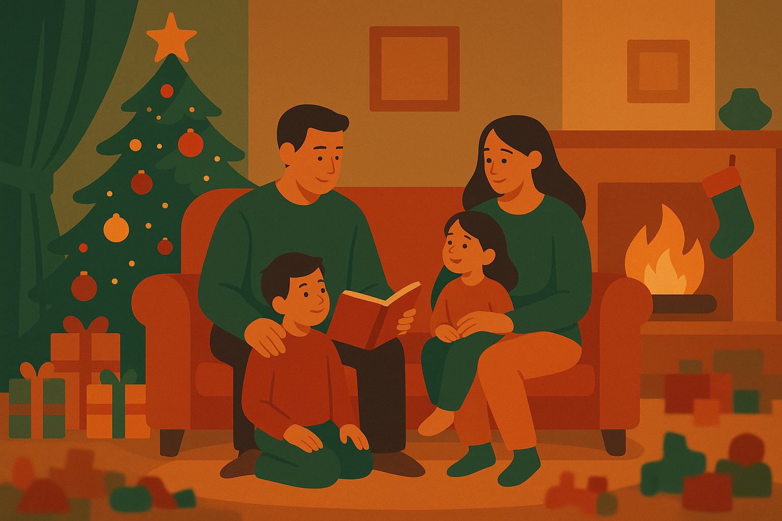 クリスマスの部屋で過ごす家族