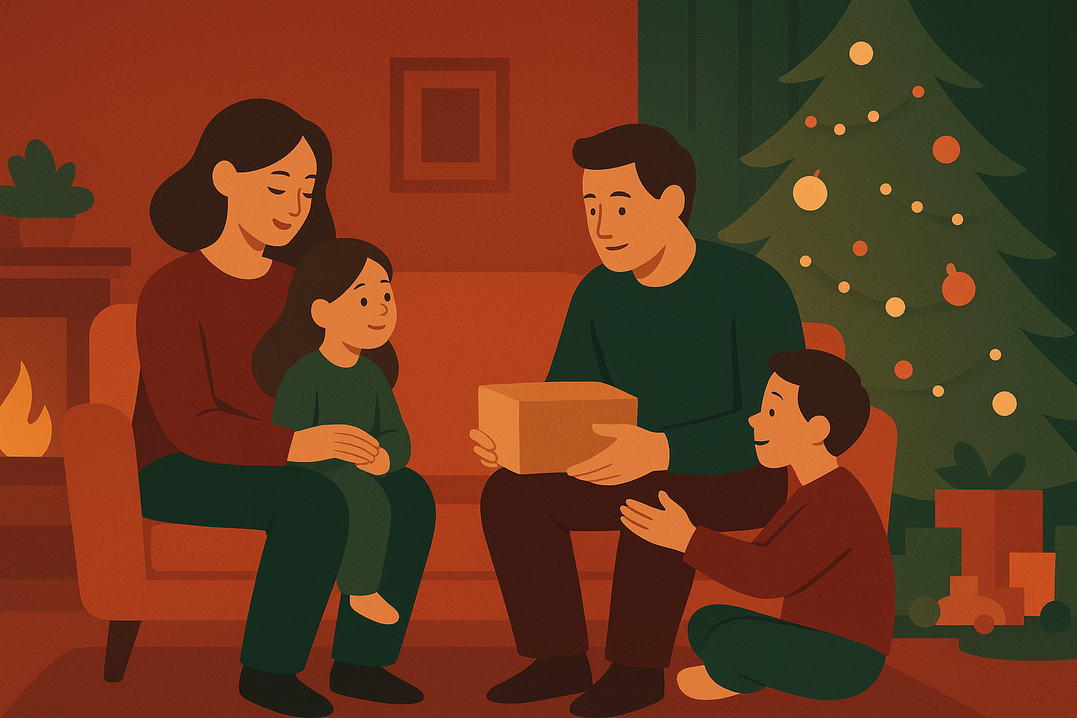 クリスマスの部屋で過ごす家族
