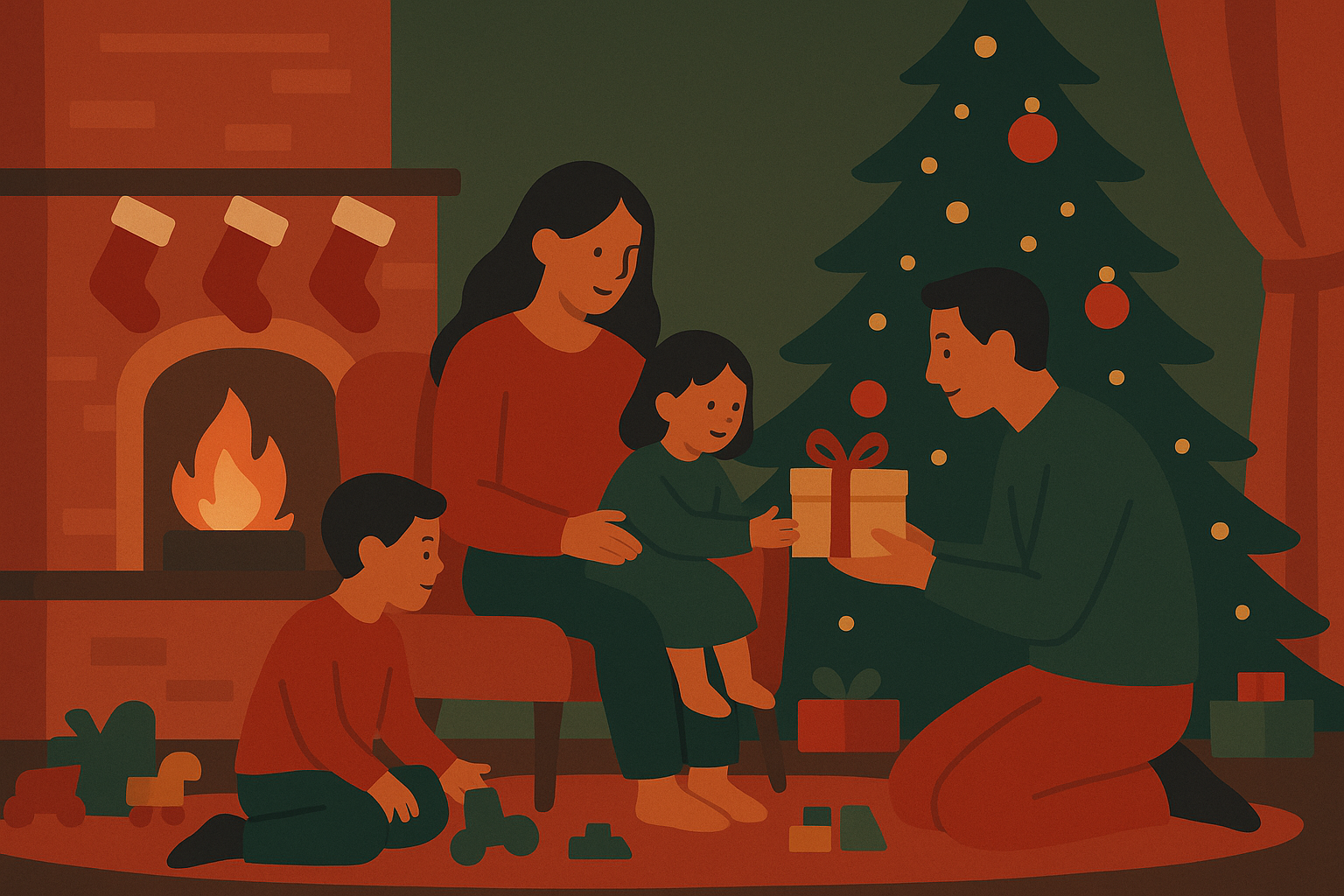 クリスマスの部屋で過ごす家族