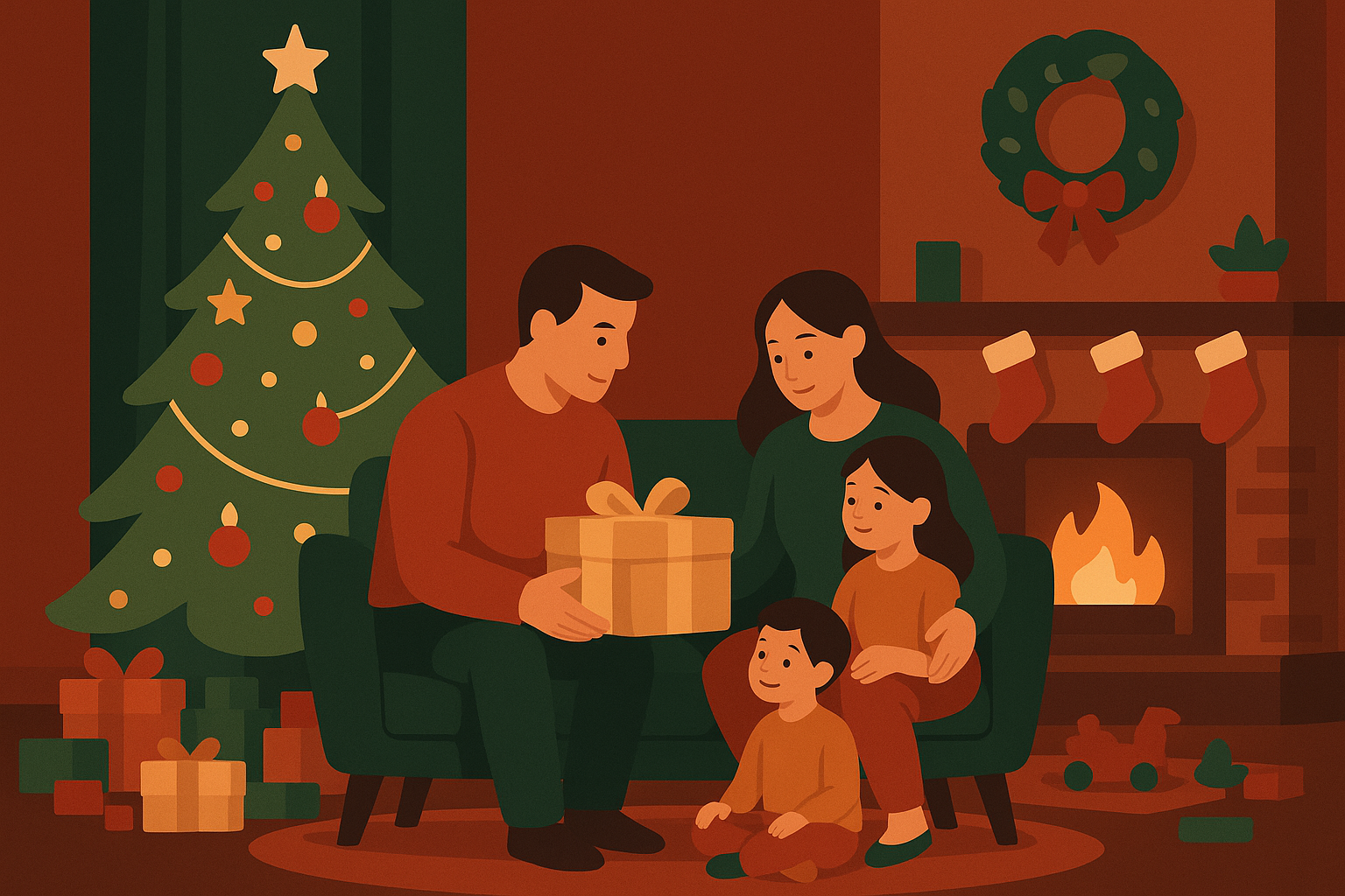 クリスマスの部屋で過ごす家族