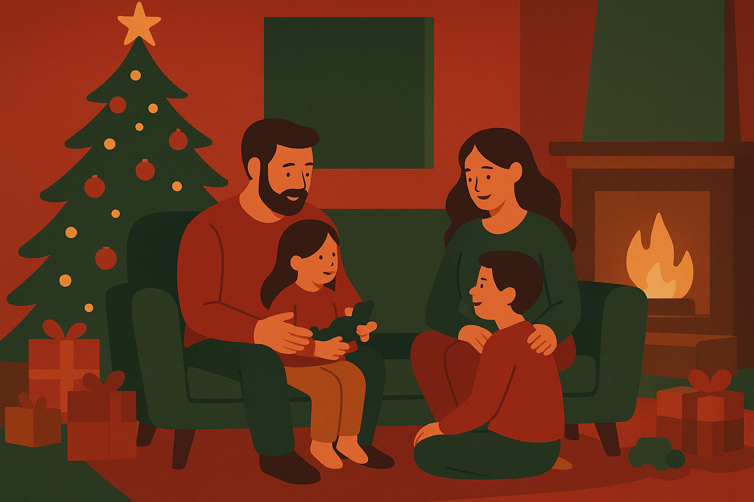 クリスマスの部屋で過ごす家族