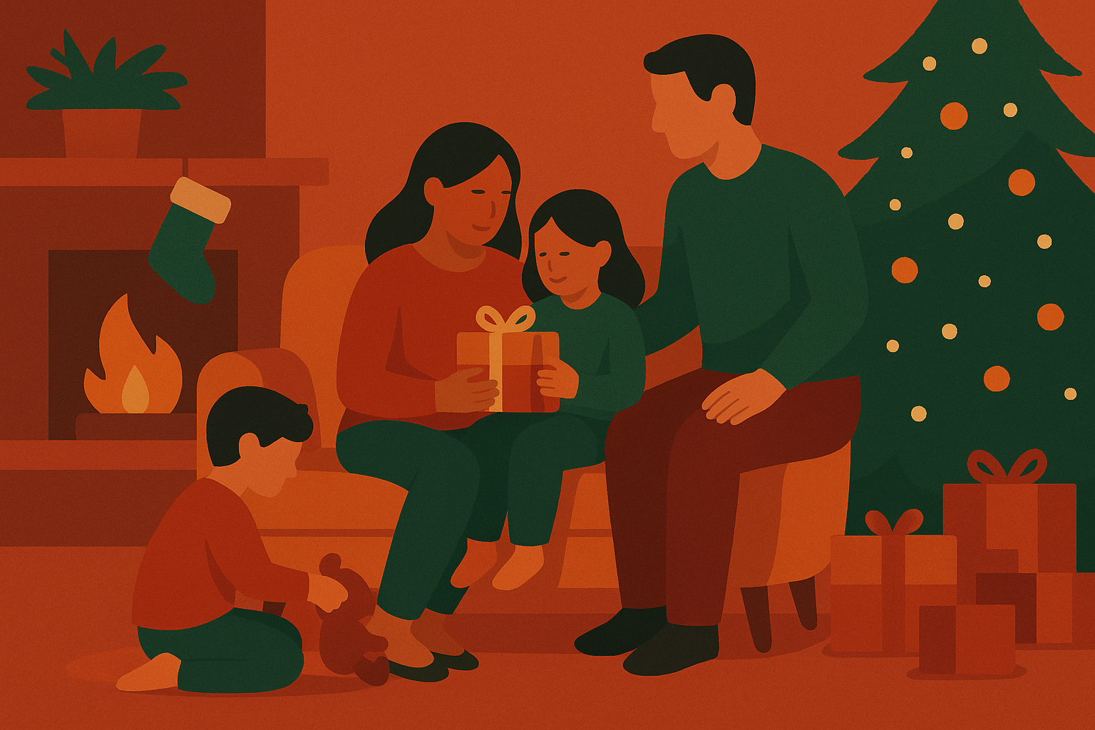 クリスマスの部屋で過ごす家族