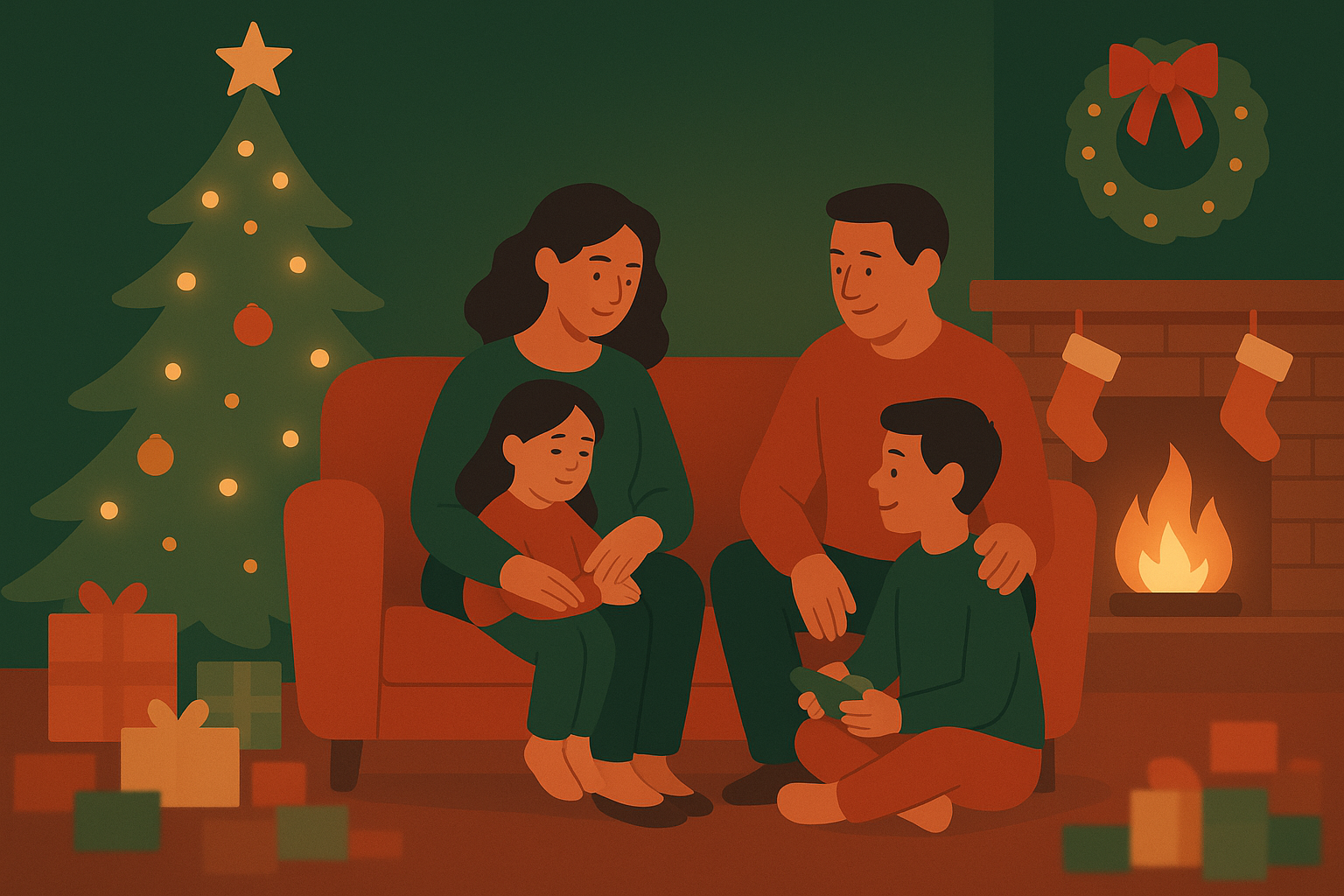クリスマスの部屋で過ごす家族