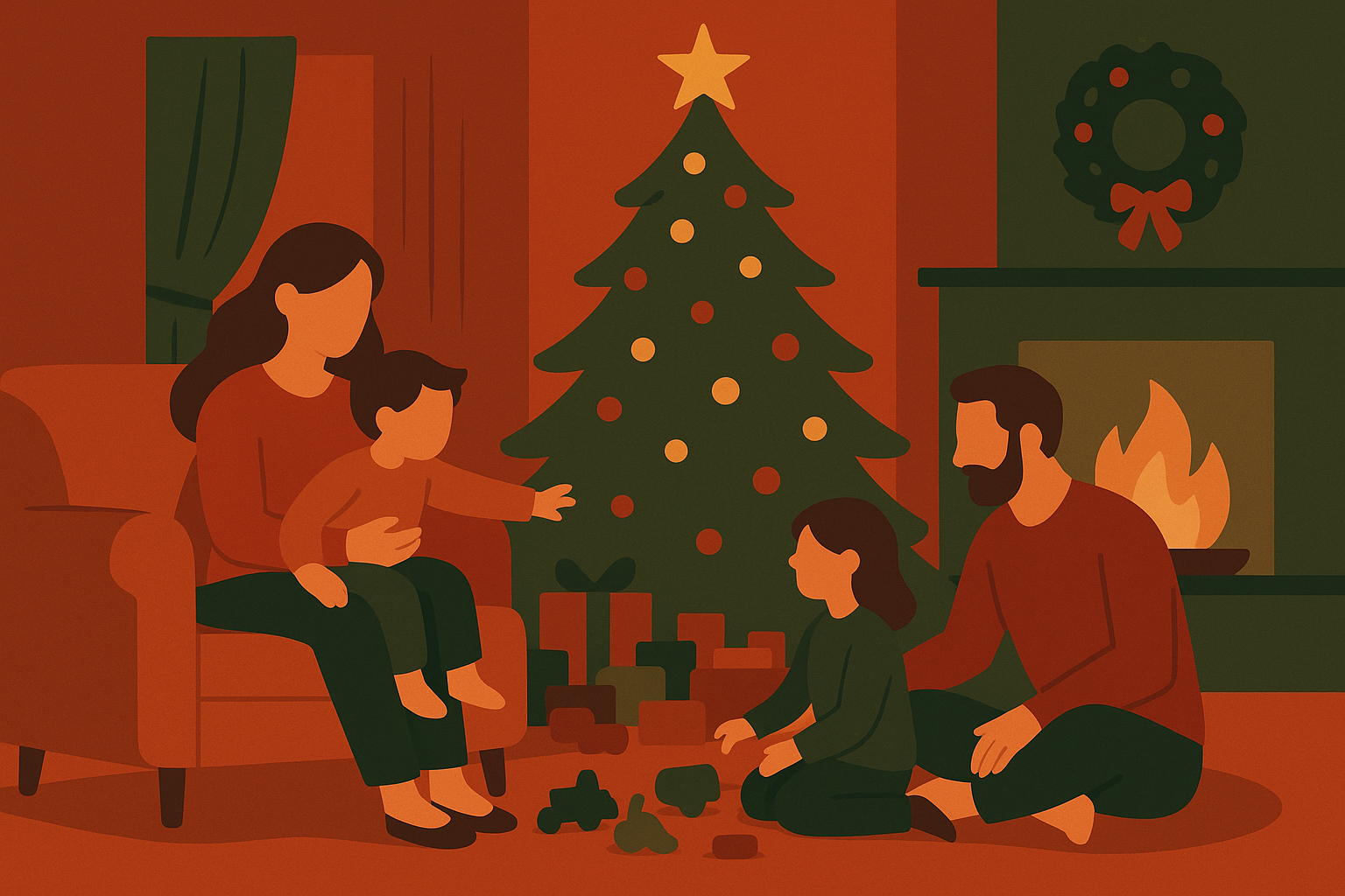 クリスマスの部屋で過ごす家族