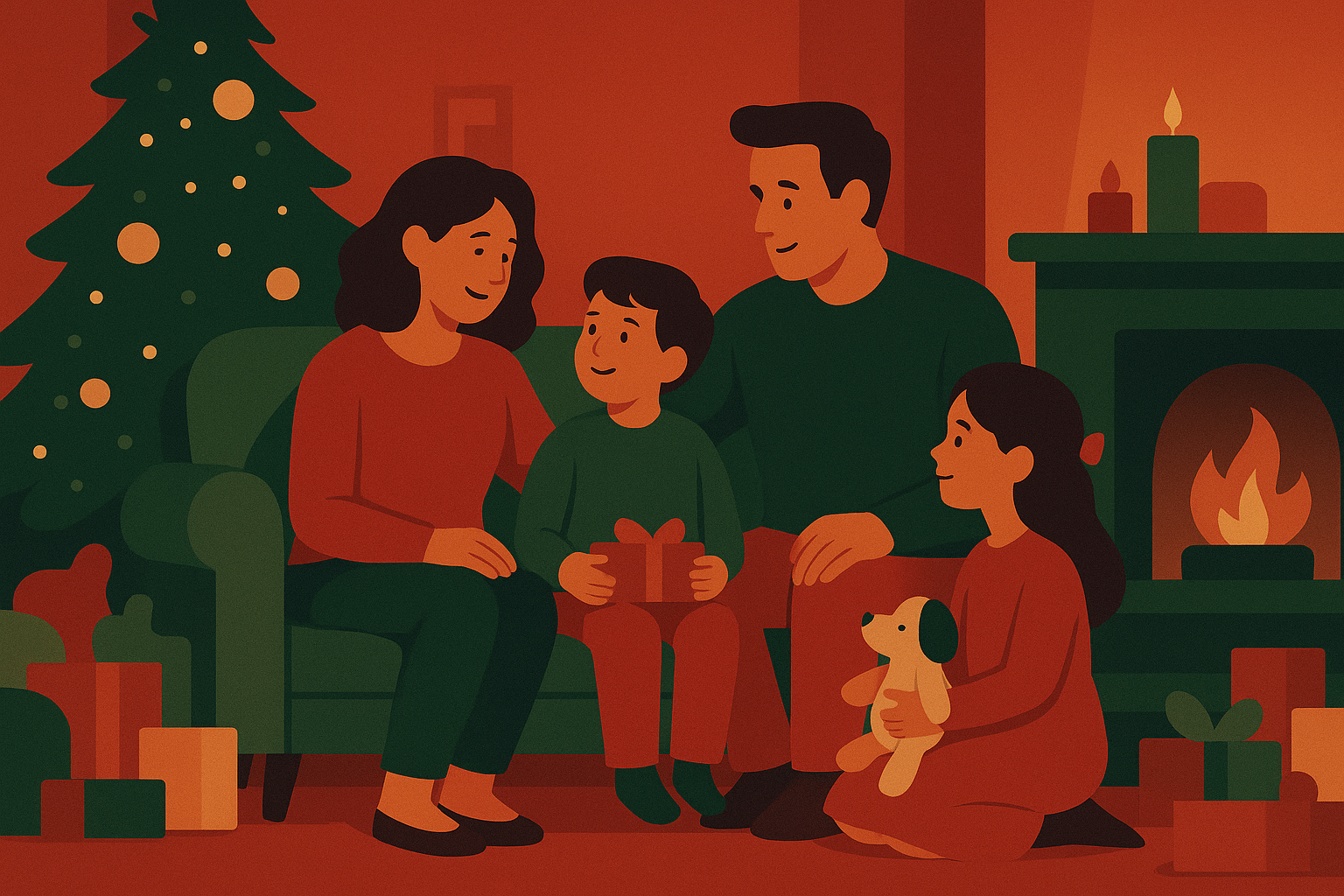 クリスマスの部屋で過ごす家族