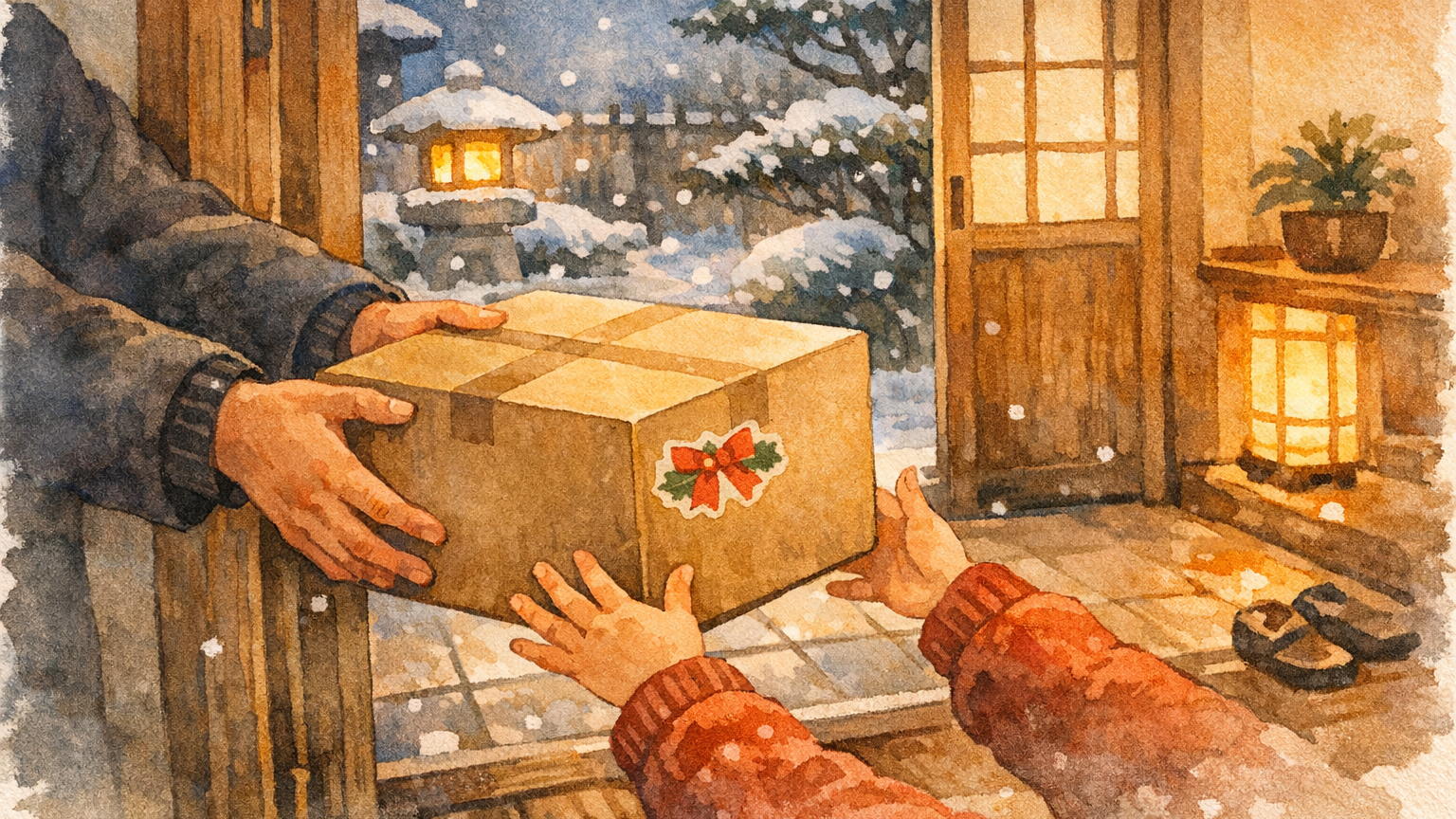 冬の玄関で、宅配で届いたクリスマスの箱を受け取る親子の手元