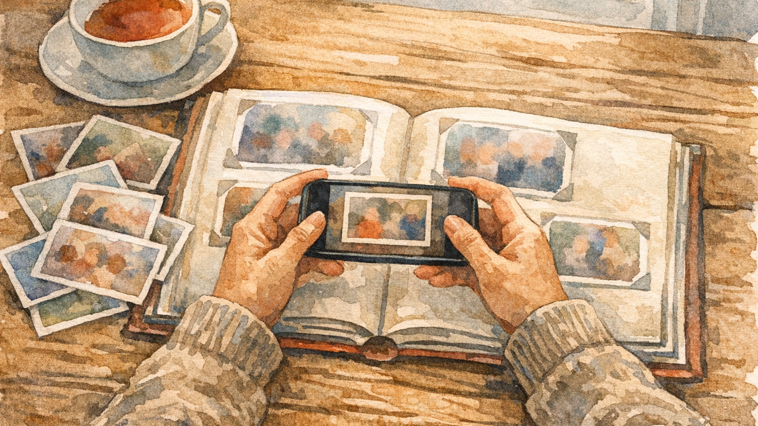 アルバムの写真をスマホで真上から撮影して、似顔絵用の写真を用意している手元