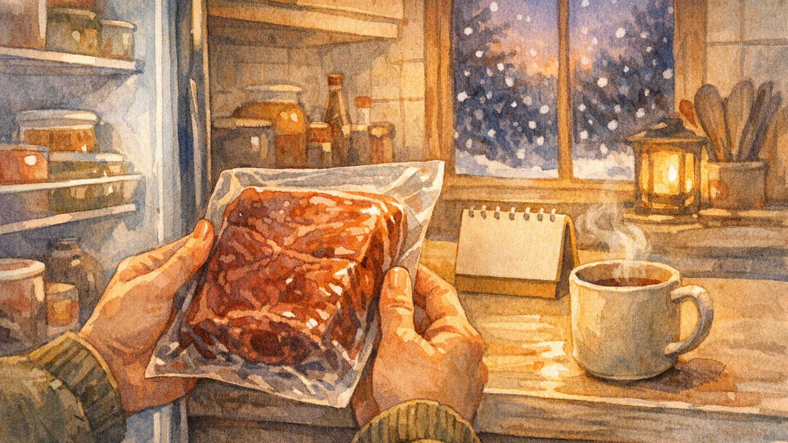 冬のキッチンで、冷蔵庫の前で真空パックのローストビーフを手に持つ様子のイラスト