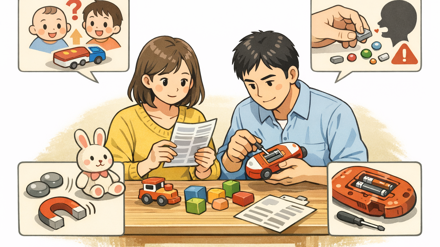 4歳向け玩具の対象年齢や小部品を確認する安全チェックのイラスト