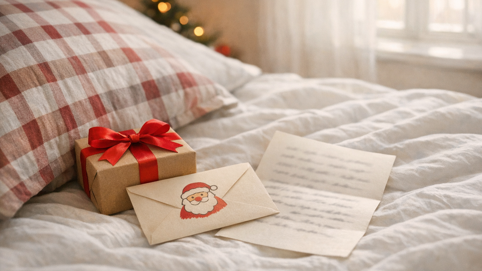 クリスマスの朝、枕元に置かれた小さなプレゼントとサンタの封筒に入った手紙