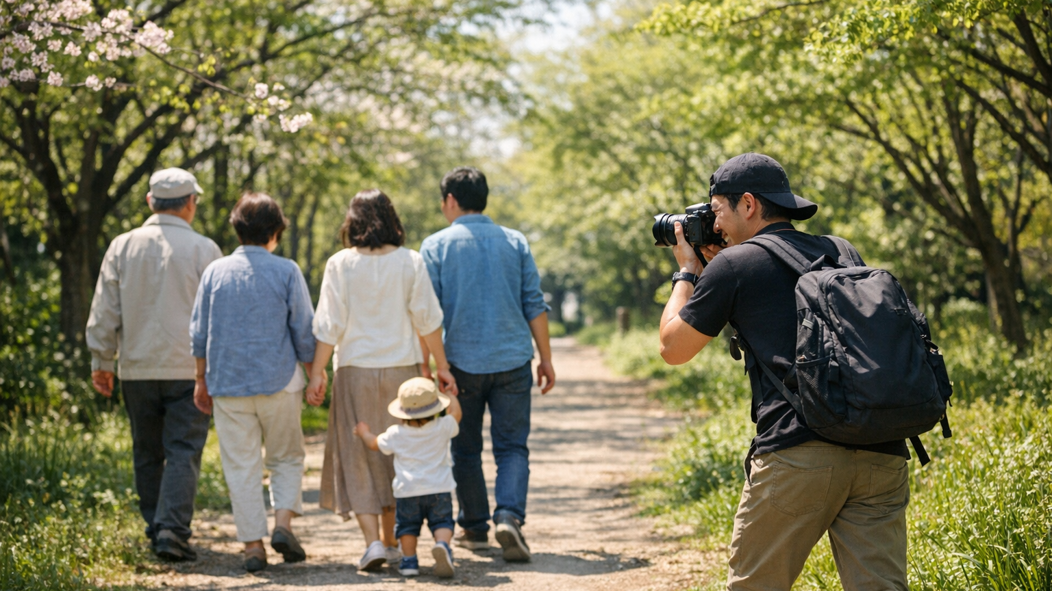 春の公園で、カメラマンに撮影してもらいながら歩く三世代の家族の後ろ姿