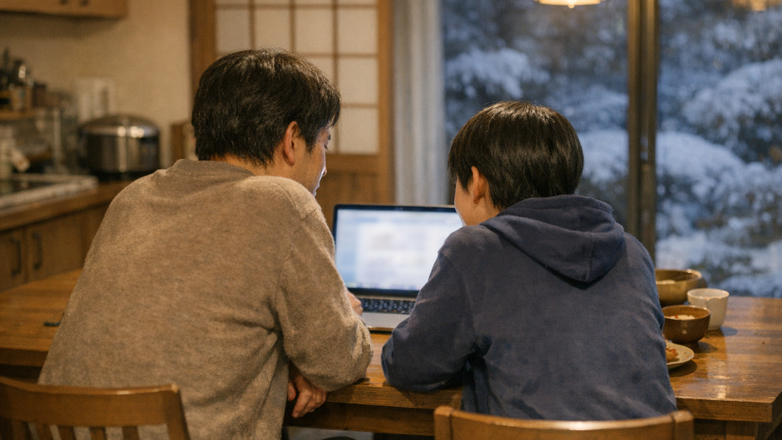 夕方の食卓で、親と中学生の子が並んでノートパソコンの画面をのぞき込んでいる