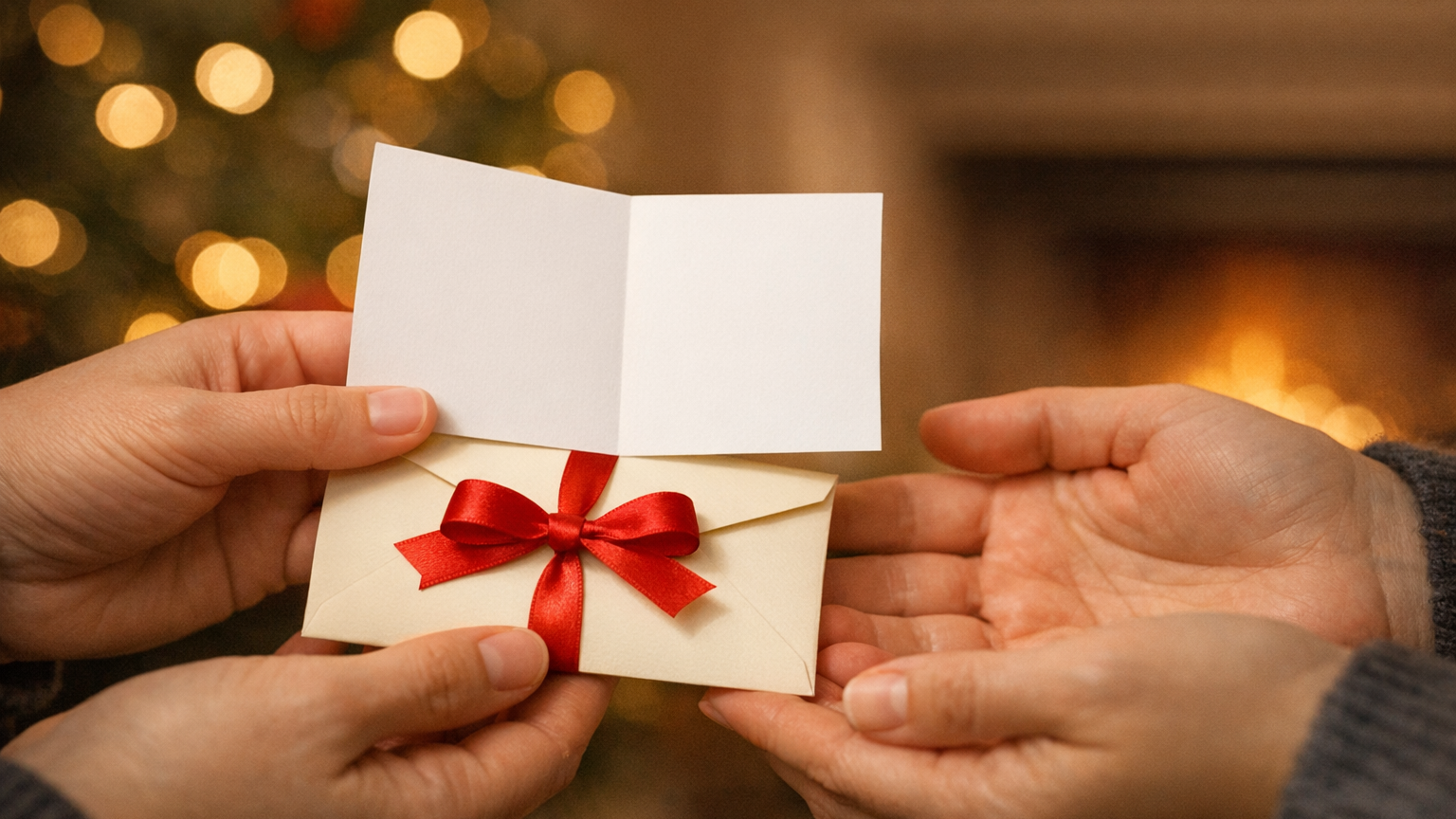 クリスマスの夜、リボンをかけた封筒とカードを相手に手渡す手元