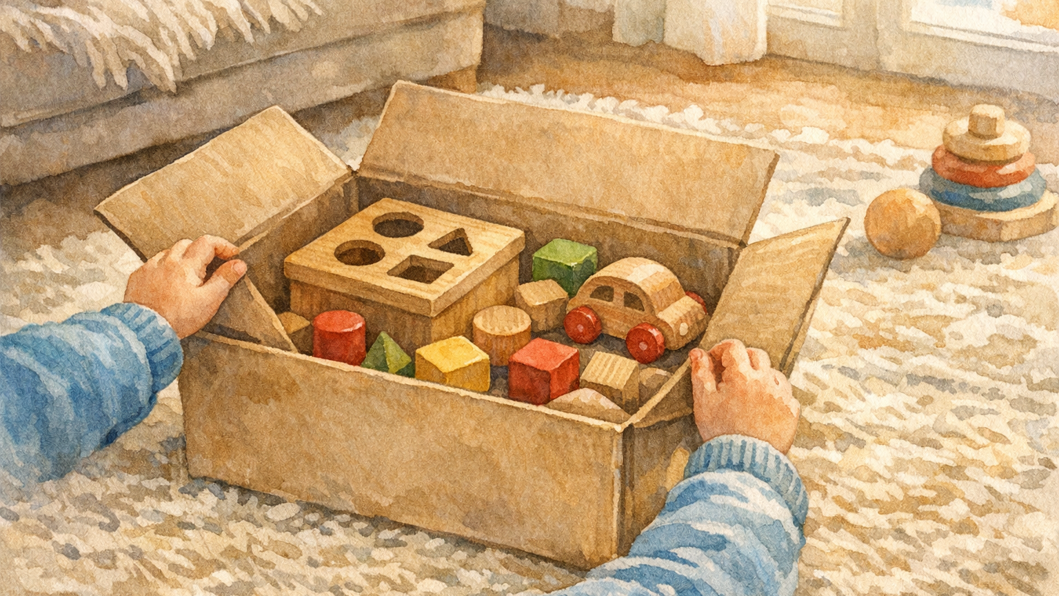 届いた箱から木のおもちゃを取り出す小さな子どもの手元