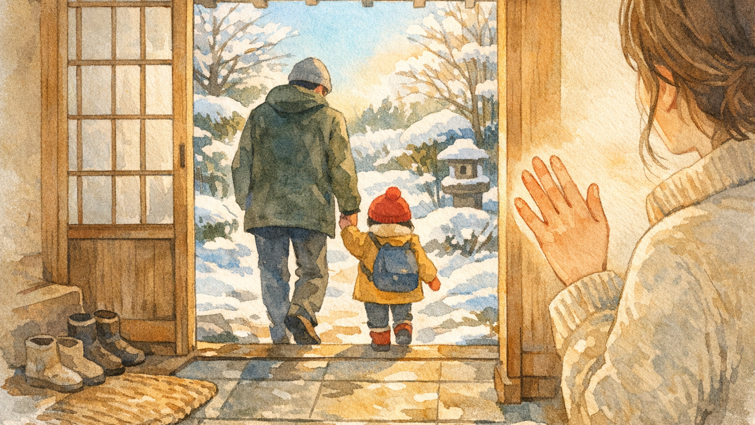 子どもの手を引いて出かける夫と、見送る妻の手元