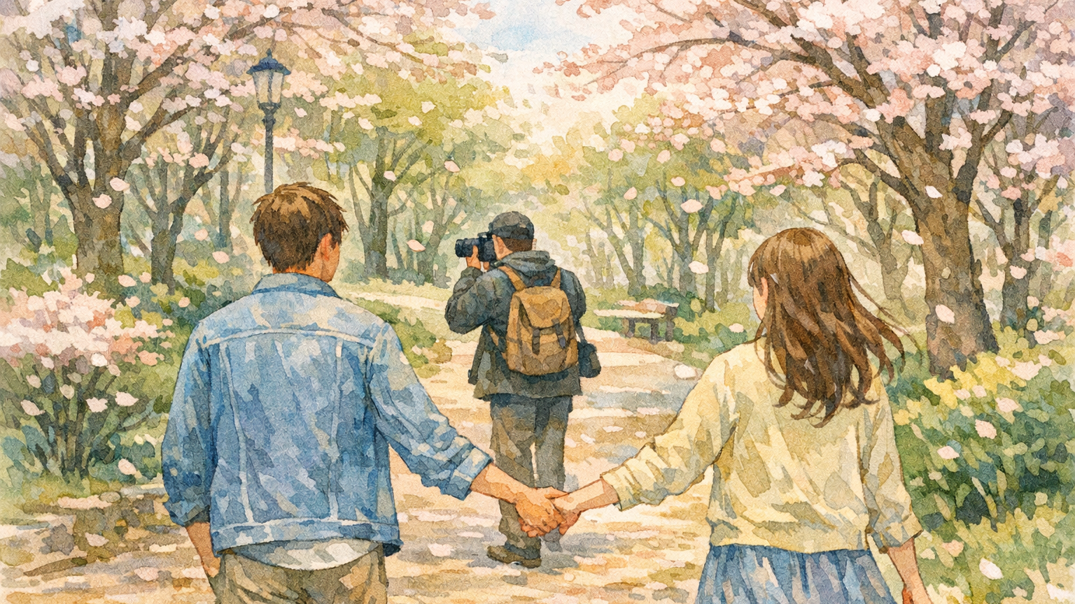 春の公園で、カメラマンと一緒に歩く二人の後ろ姿