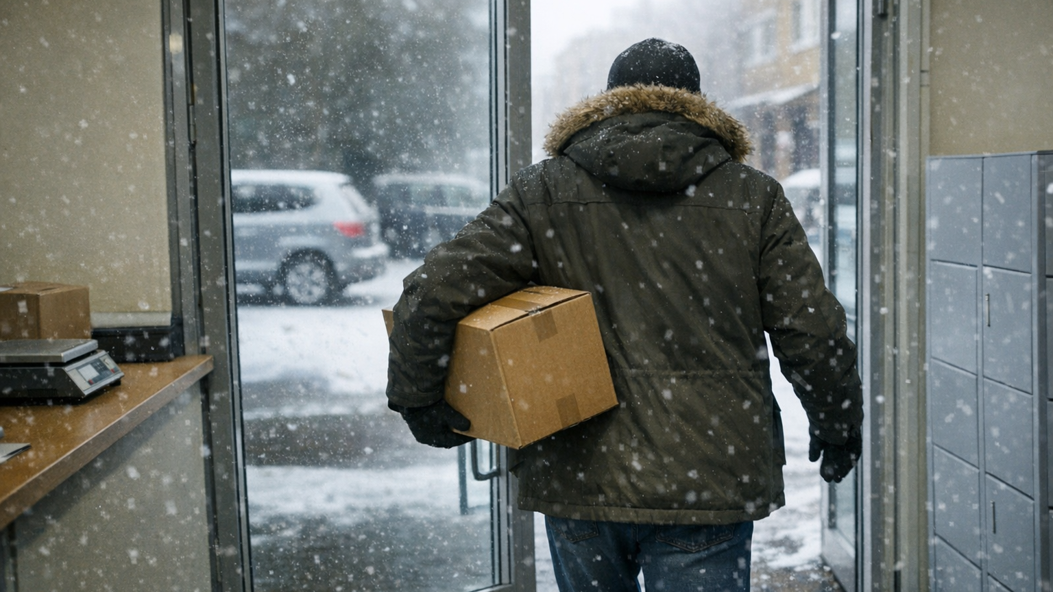 雪の日、荷物の受け取り窓口から段ボール箱を抱えて出てくる親の後ろ姿