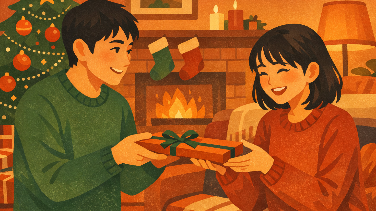 クリスマスツリーのある部屋で、リボンをかけた薄い箱を相手に手渡すイラスト