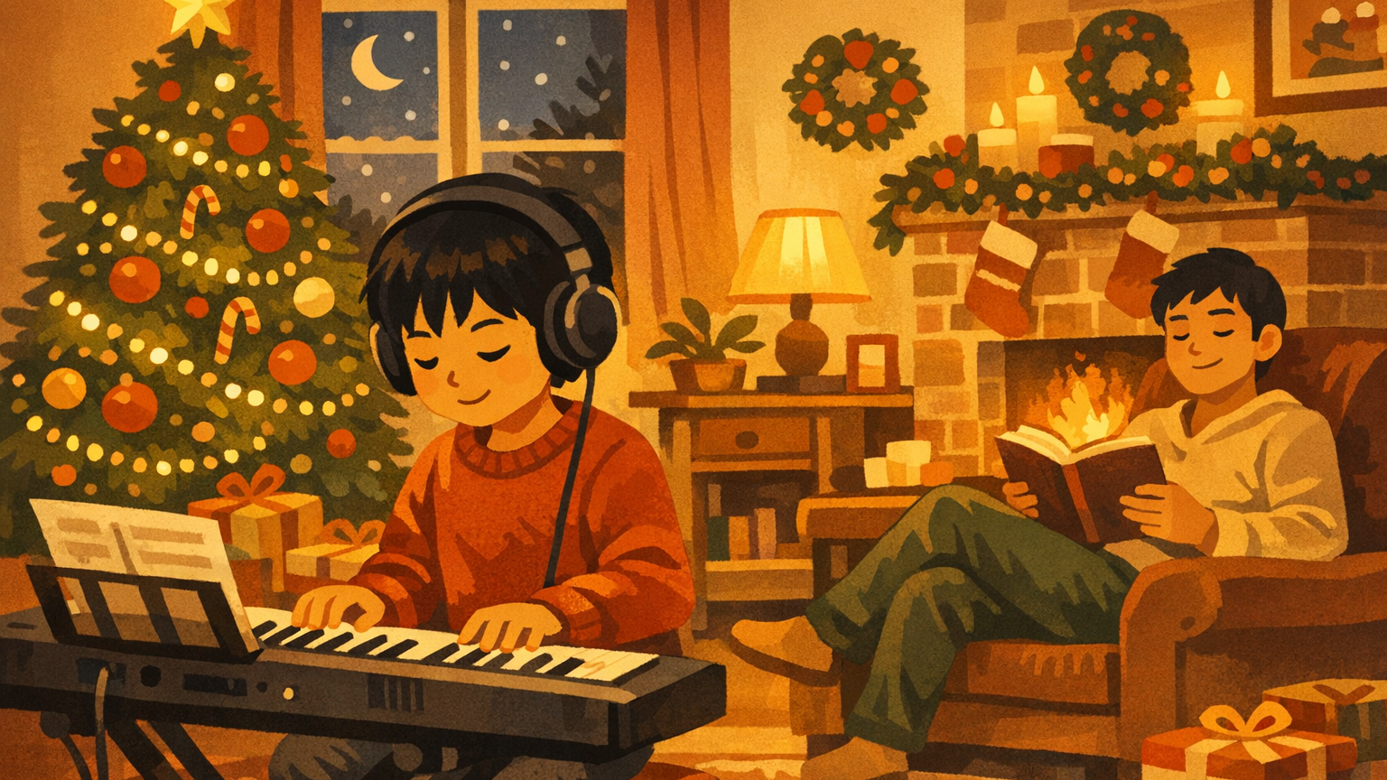 夜、ヘッドホンをつけてキーボードを弾く男の子と、そばでくつろぐ家族のイラスト