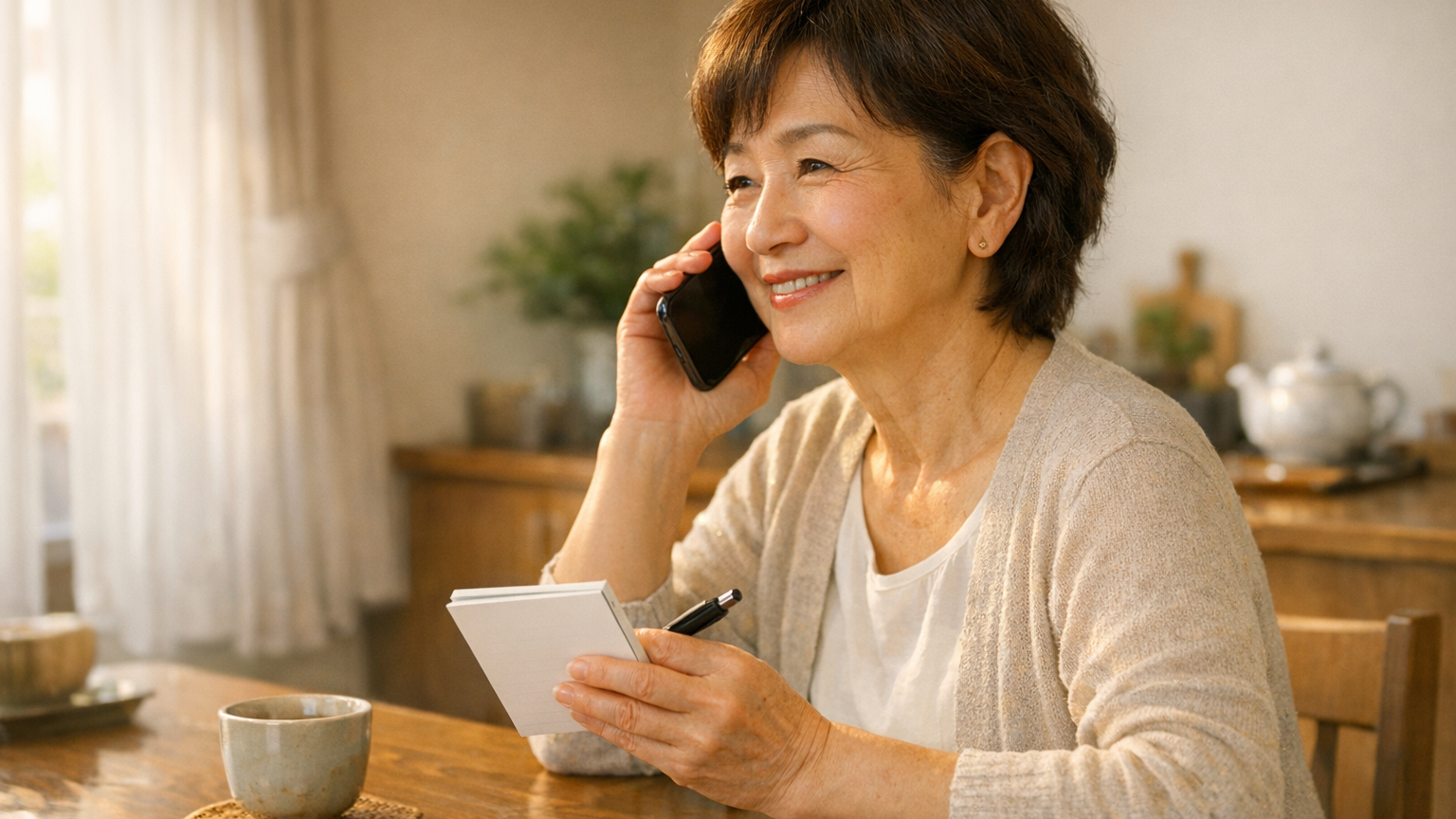 自宅の食卓で、メモを手にスマートフォンで話す祖母
