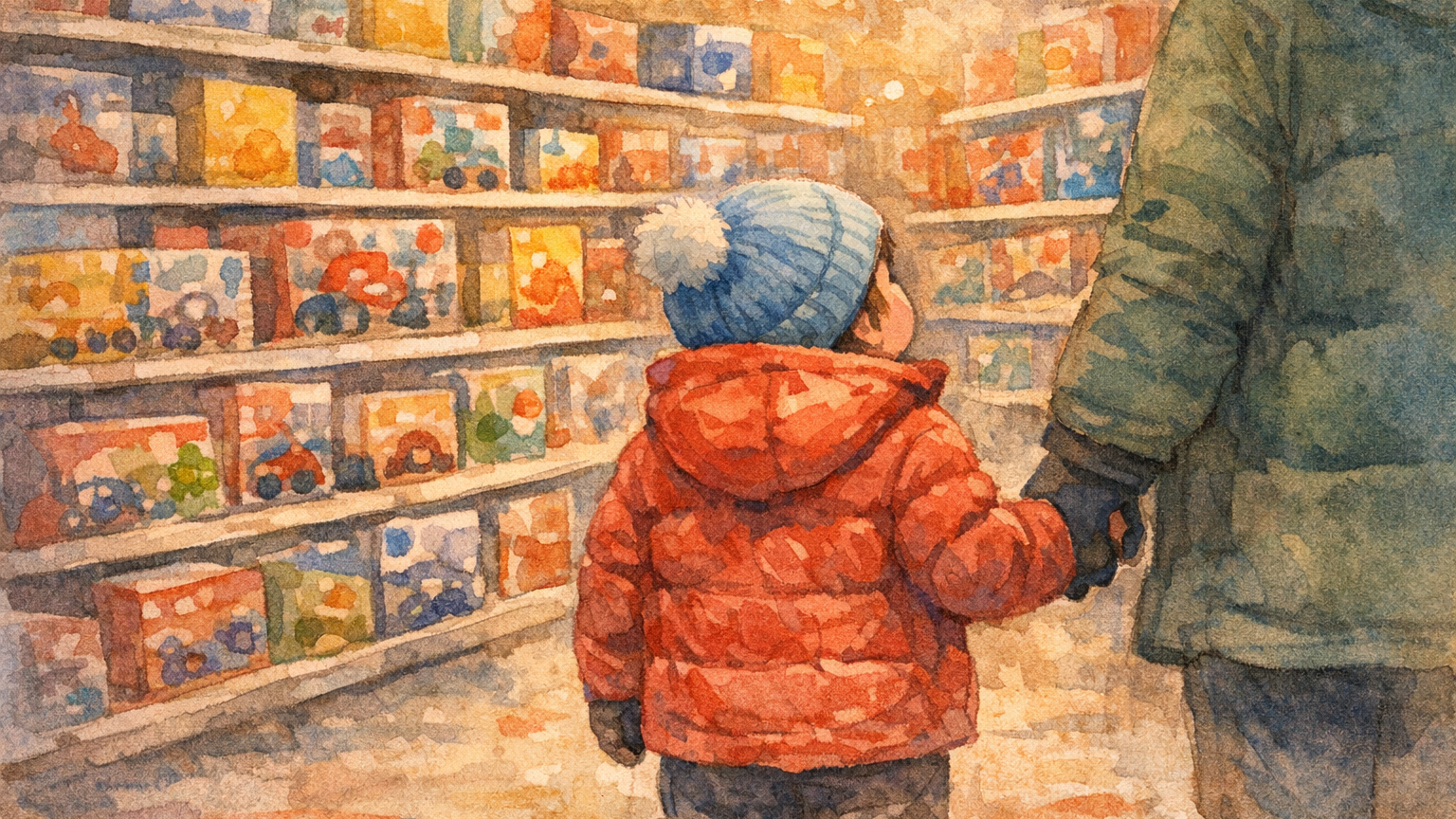 おもちゃ売り場で棚を見上げて立ち止まる子どもの後ろ姿