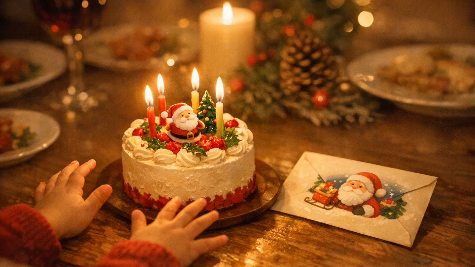 イブの食卓で、ろうそくの灯ったケーキとサンタの封筒に手を伸ばす子ども