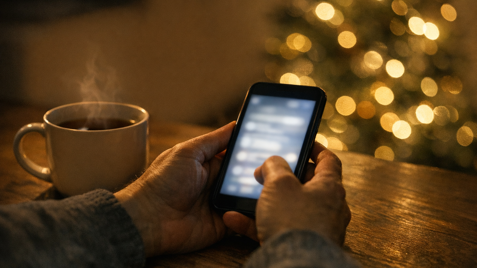 夜、クリスマスツリーのそばでスマートフォンを手に探しものをする親の手元